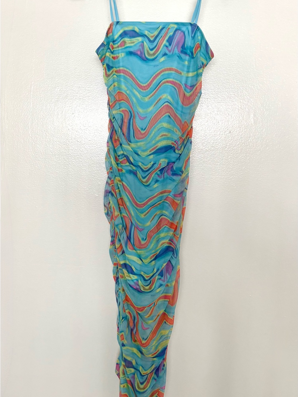 Blue Multicolor Wavy Ruched Slip Dress